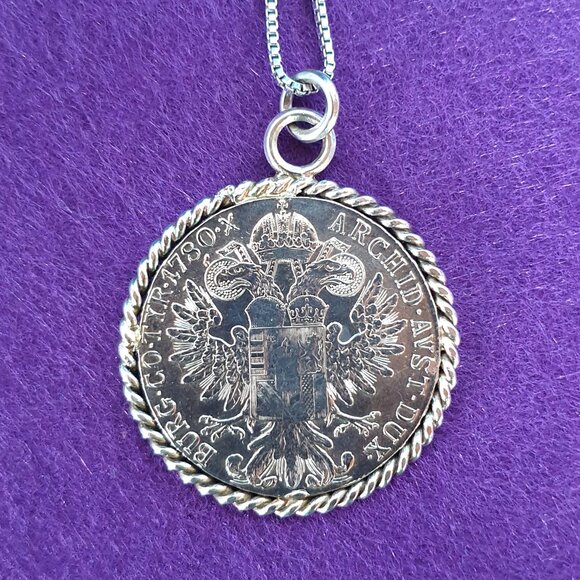 Vintage Sterling Empress Maria Theresa Coin Statement Necklace – 1780 Restrike - Picture 7 of 13